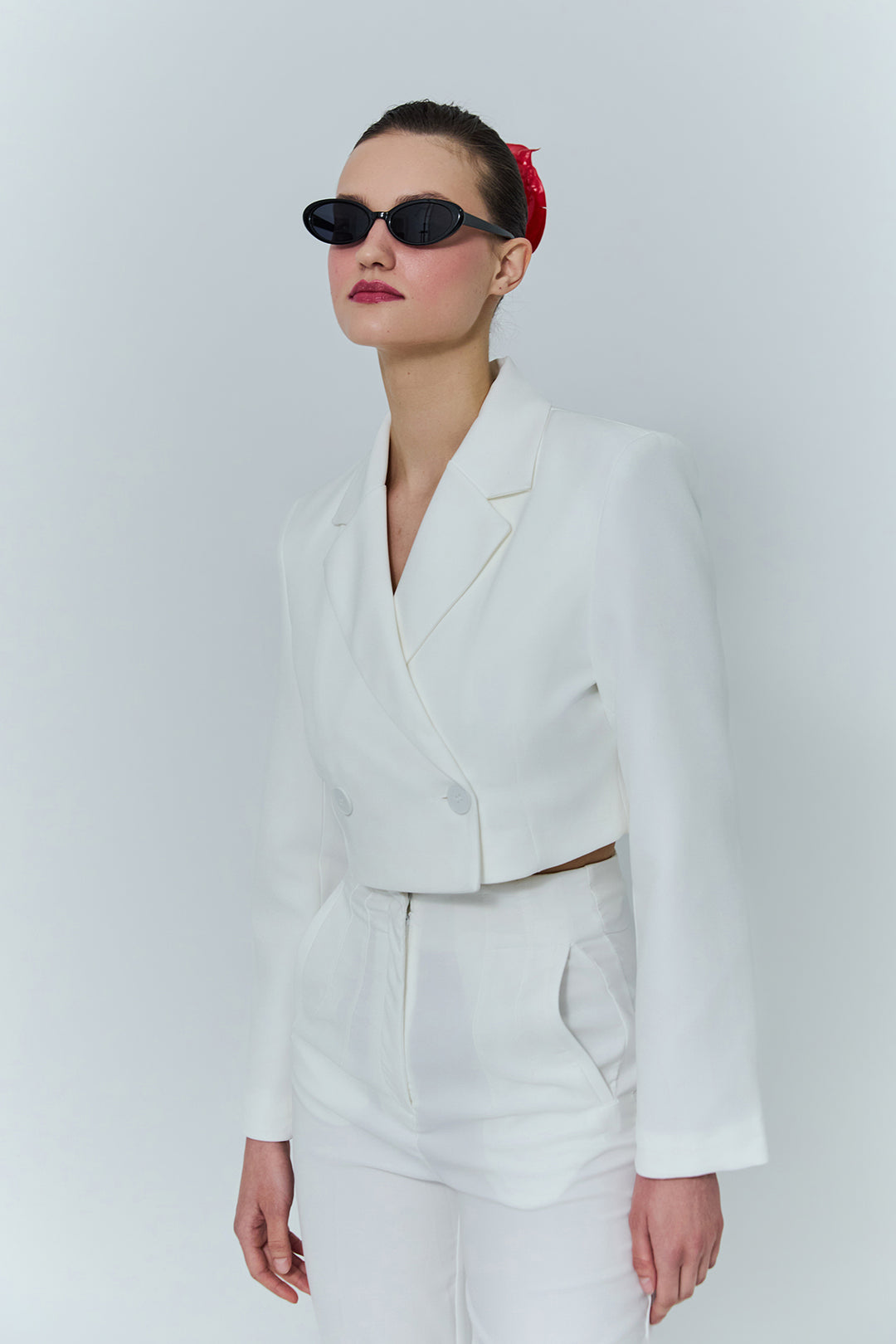 Double Breasted Crop Blazer Jacket Ecru