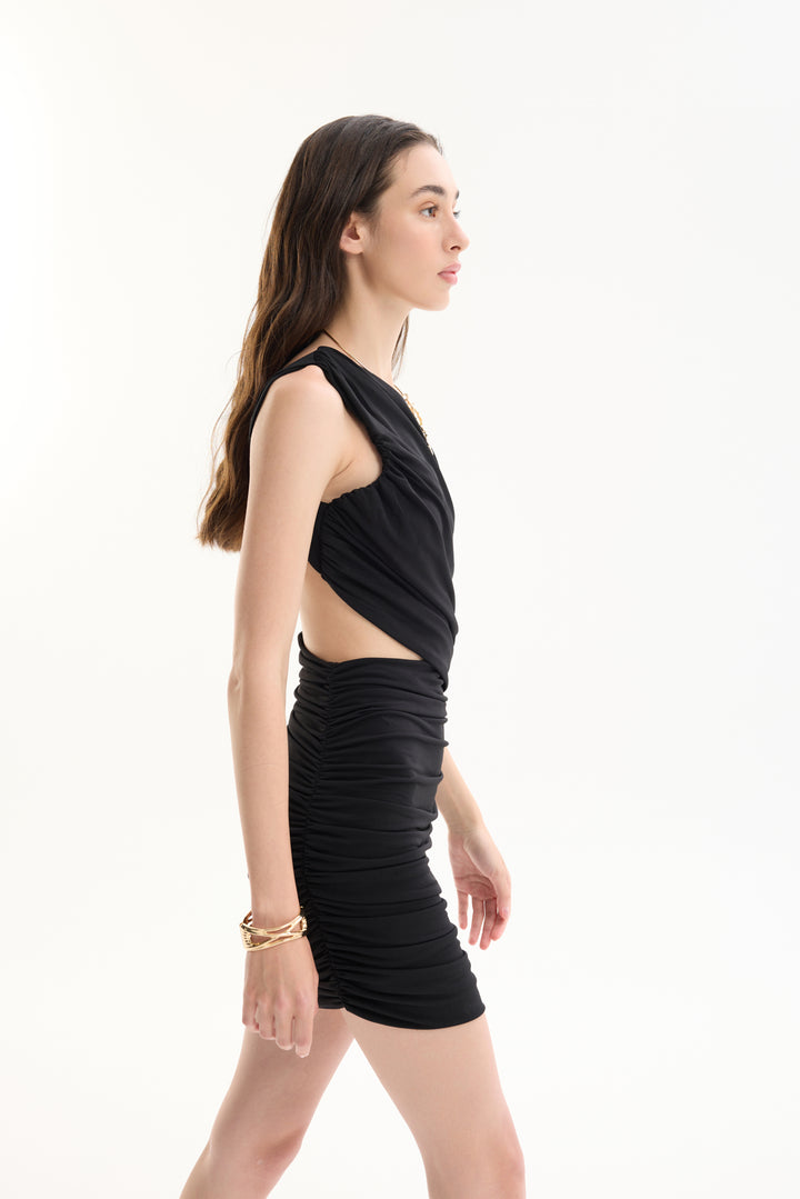 Drape Detaylı Tek Omuz Cut Out Mini Elbise Siyah