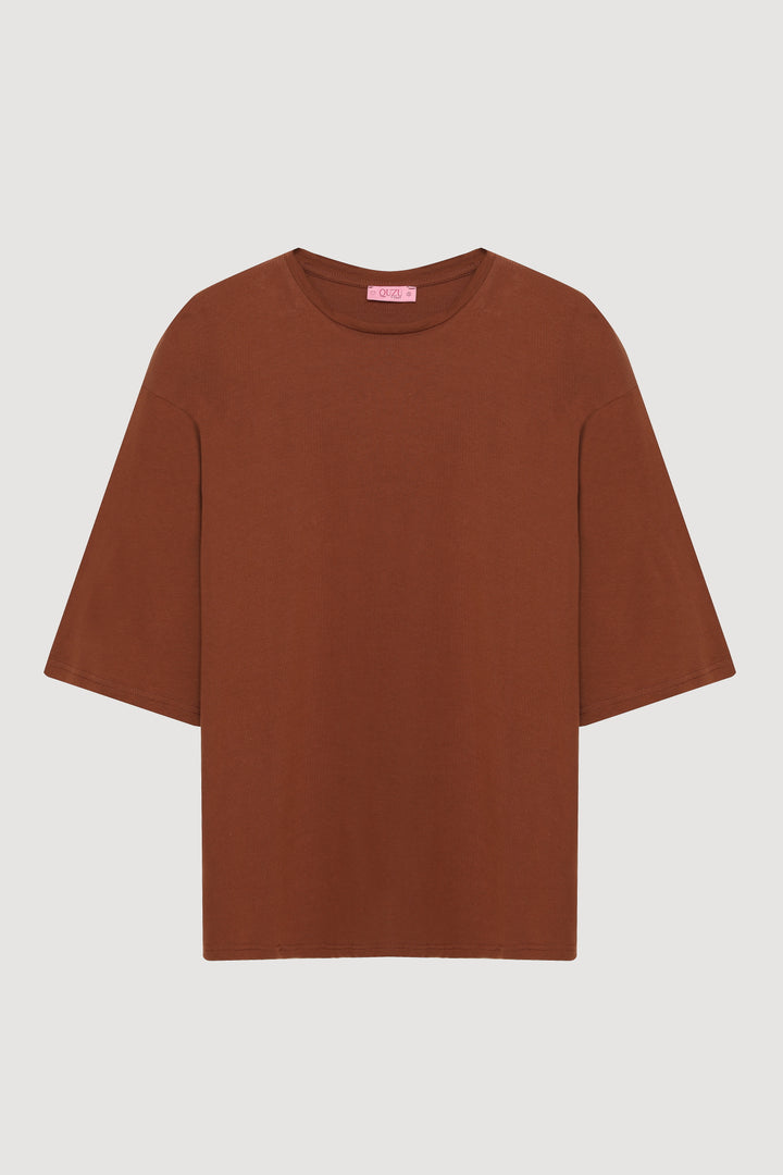 Truvakar Kol Oversize Basic Tişört 2 li Paket Bej/Kahverengi