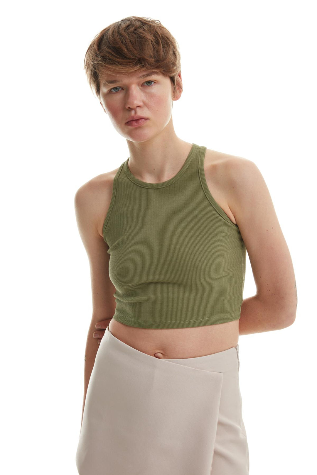 Halter Neck Crop Blouse Khaki