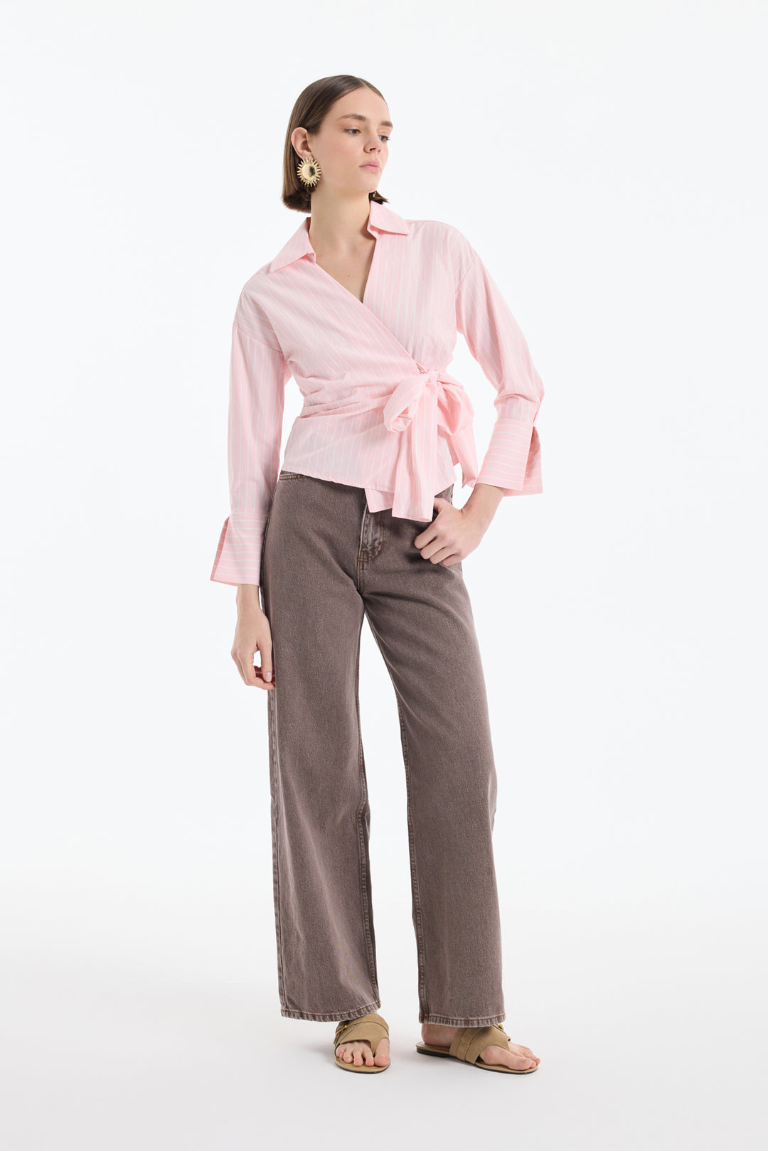 Kruvaze Bağlamalı Çizgili Bluz Pembe