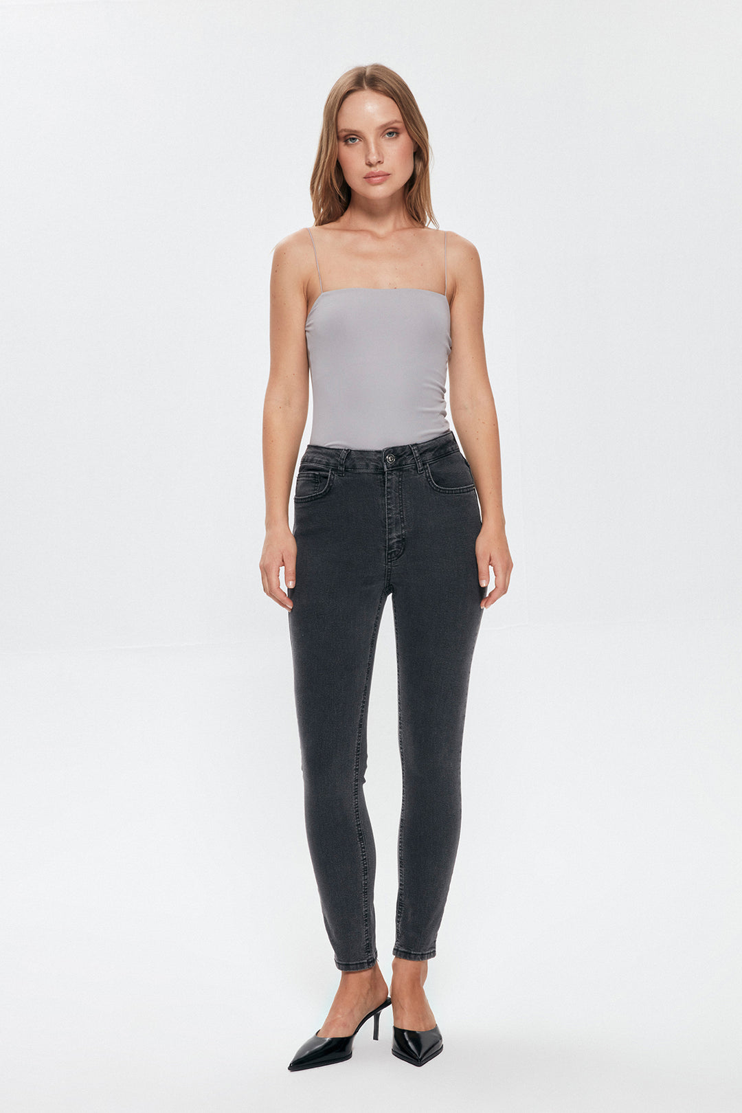 High Waist Slim Leg Jeans Trousers Gray