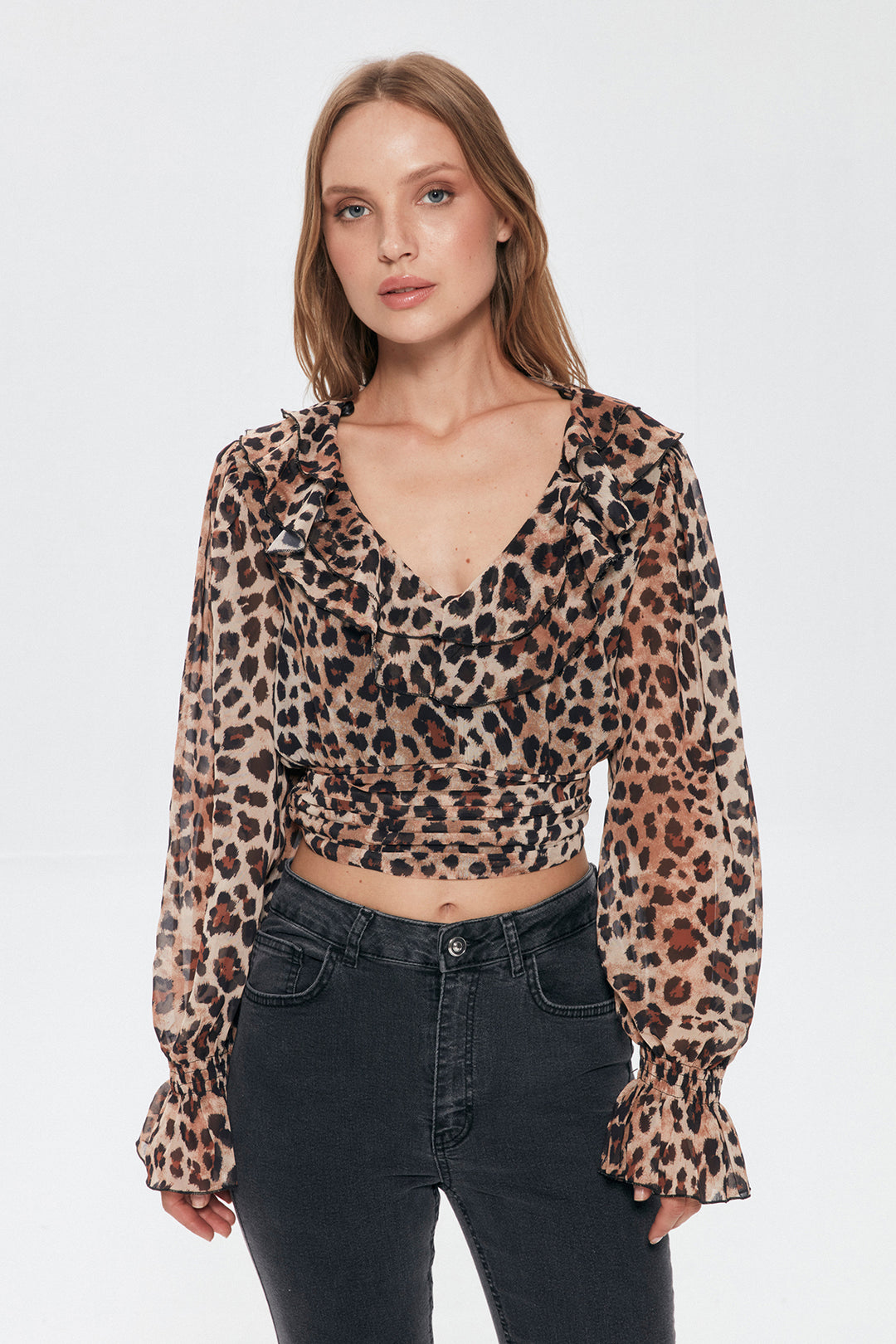Leopar Desenli Crop Tül Bluz Kahverengi