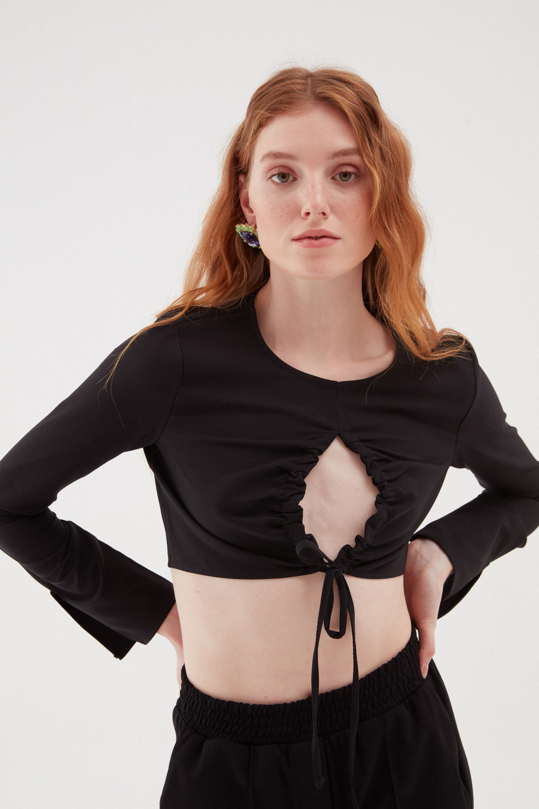Büzgülü Crop Bluz Siyah