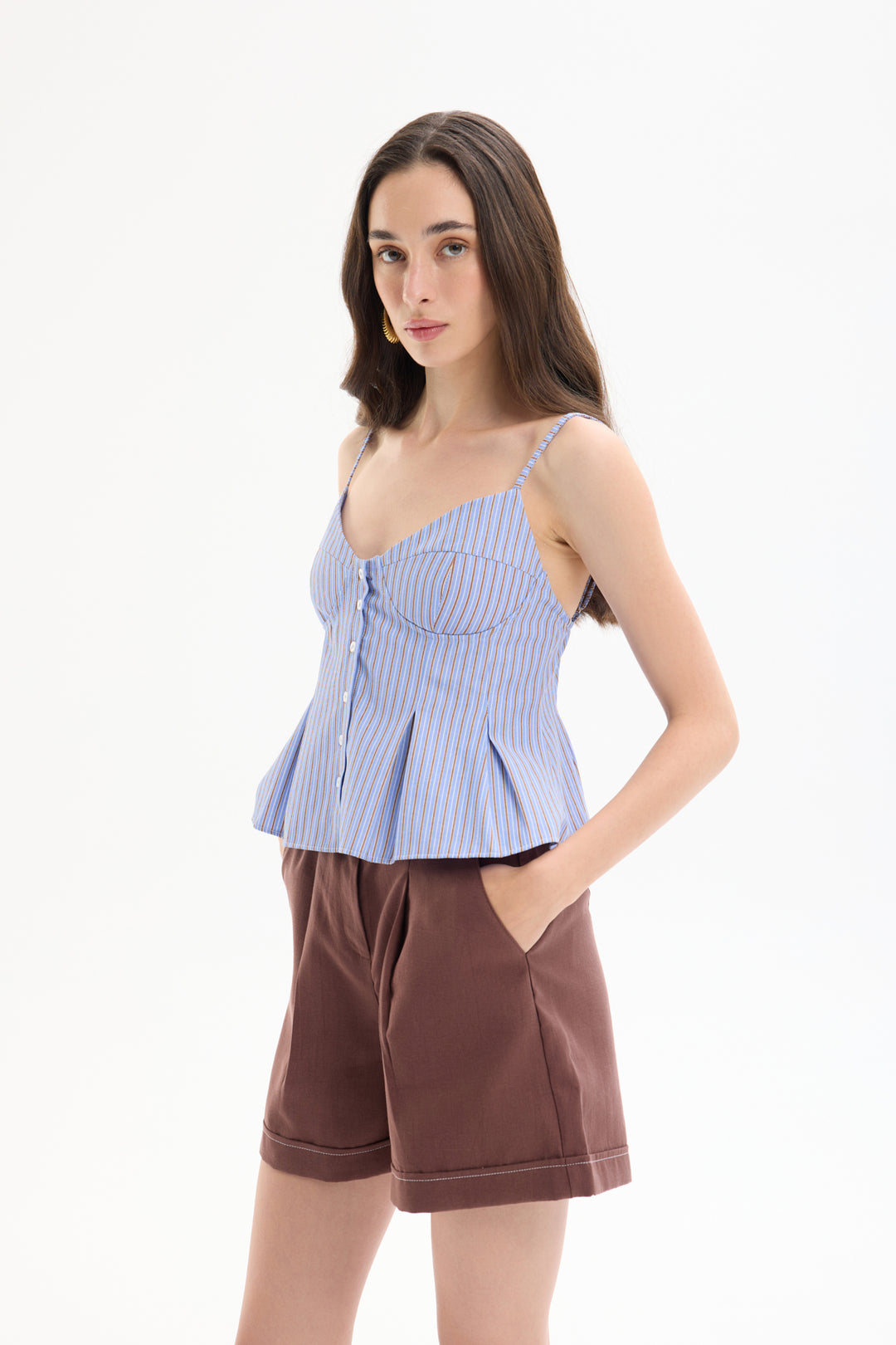 Çizgili Pile Detaylı İnce Askılı Bluz Mavi