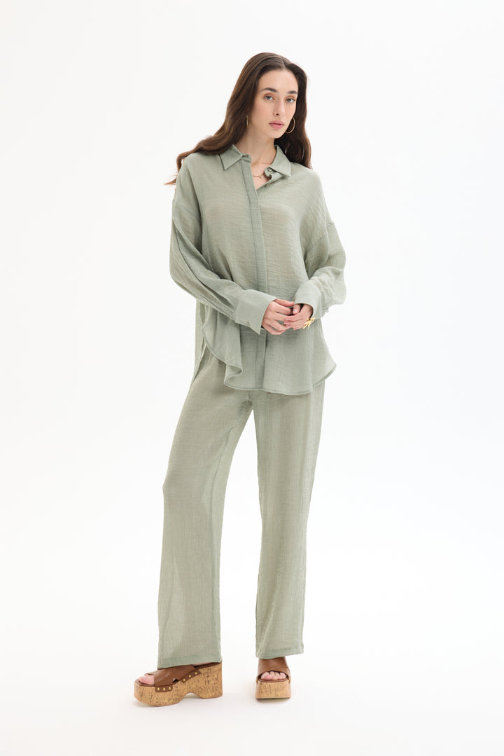 Düğmeli Oversize Dokulu Gömlek Haki