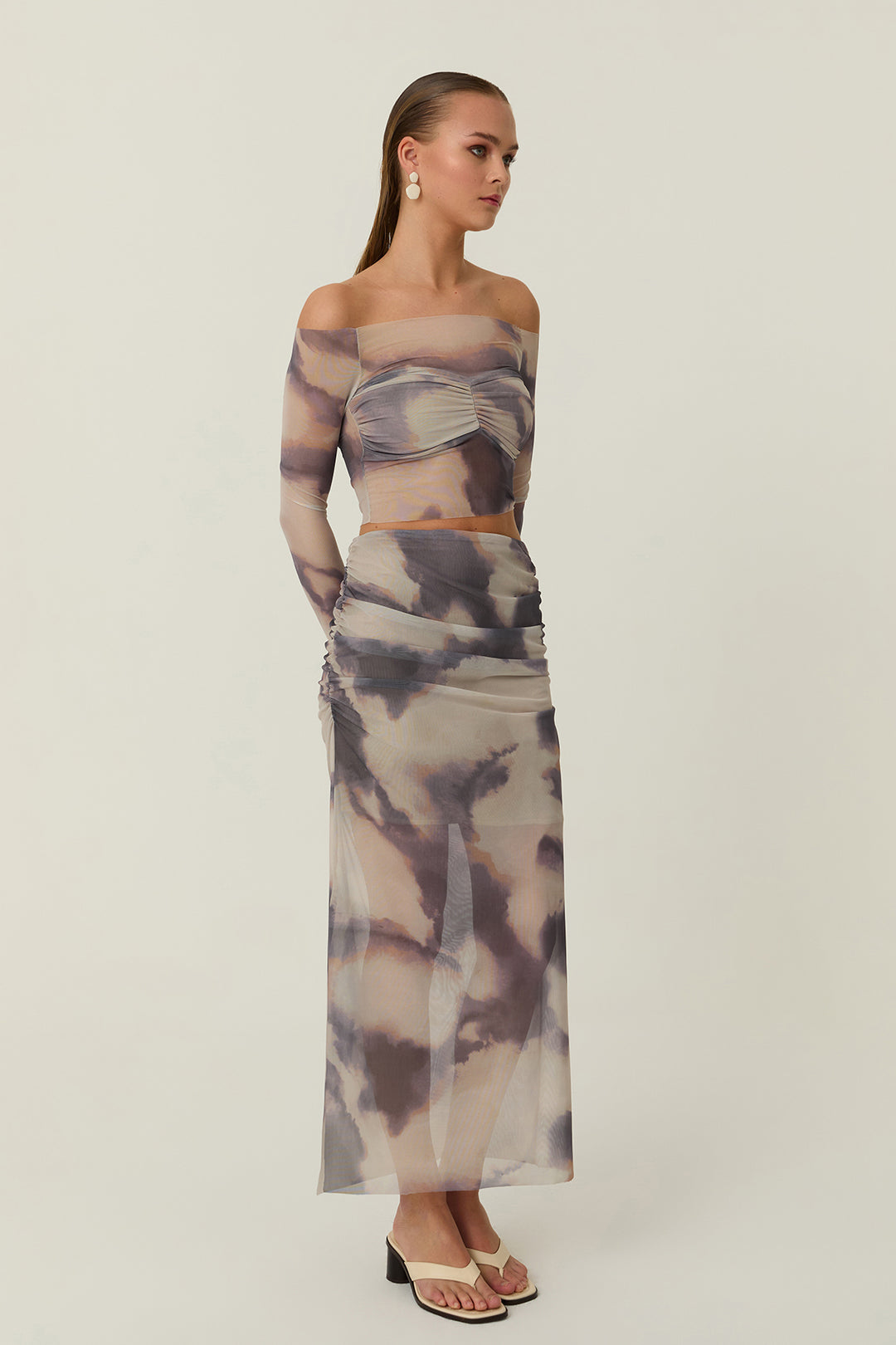 Drape Detaylı Desenli Midi Tül Etek Bej