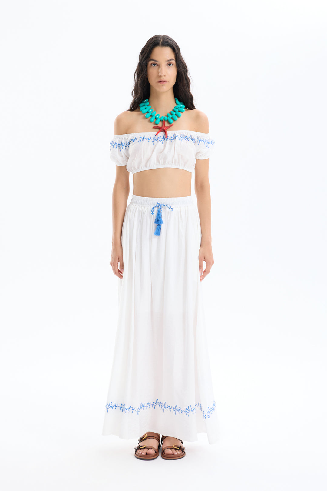 Nakış Detaylı Balon Kol Crop Bluz Ekru