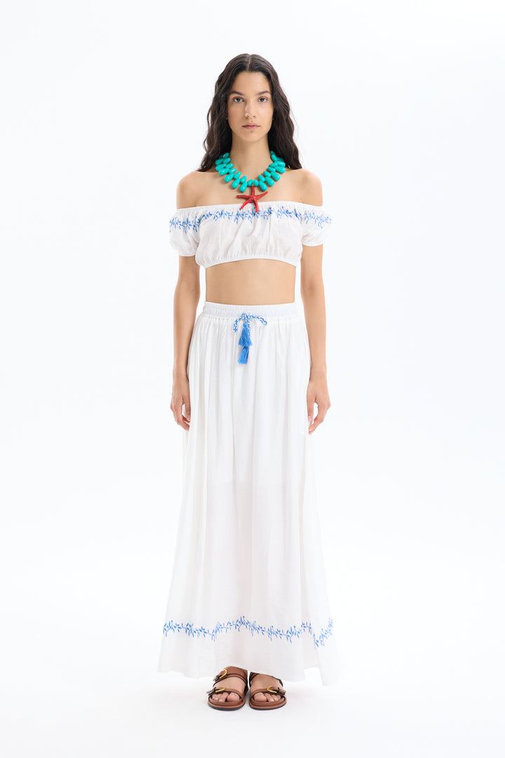 Nakış Detaylı Balon Kol Crop Bluz Ekru