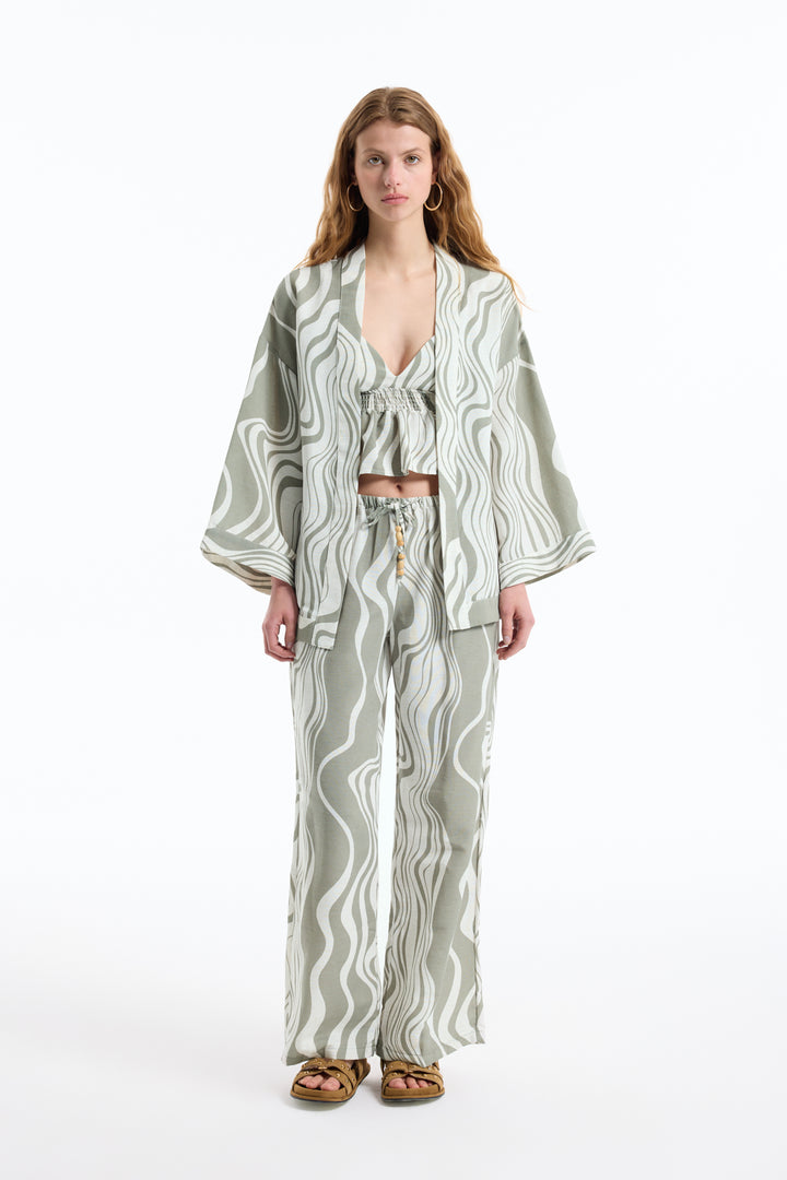 Dalga Desenli Bağlamalı Kimono Haki