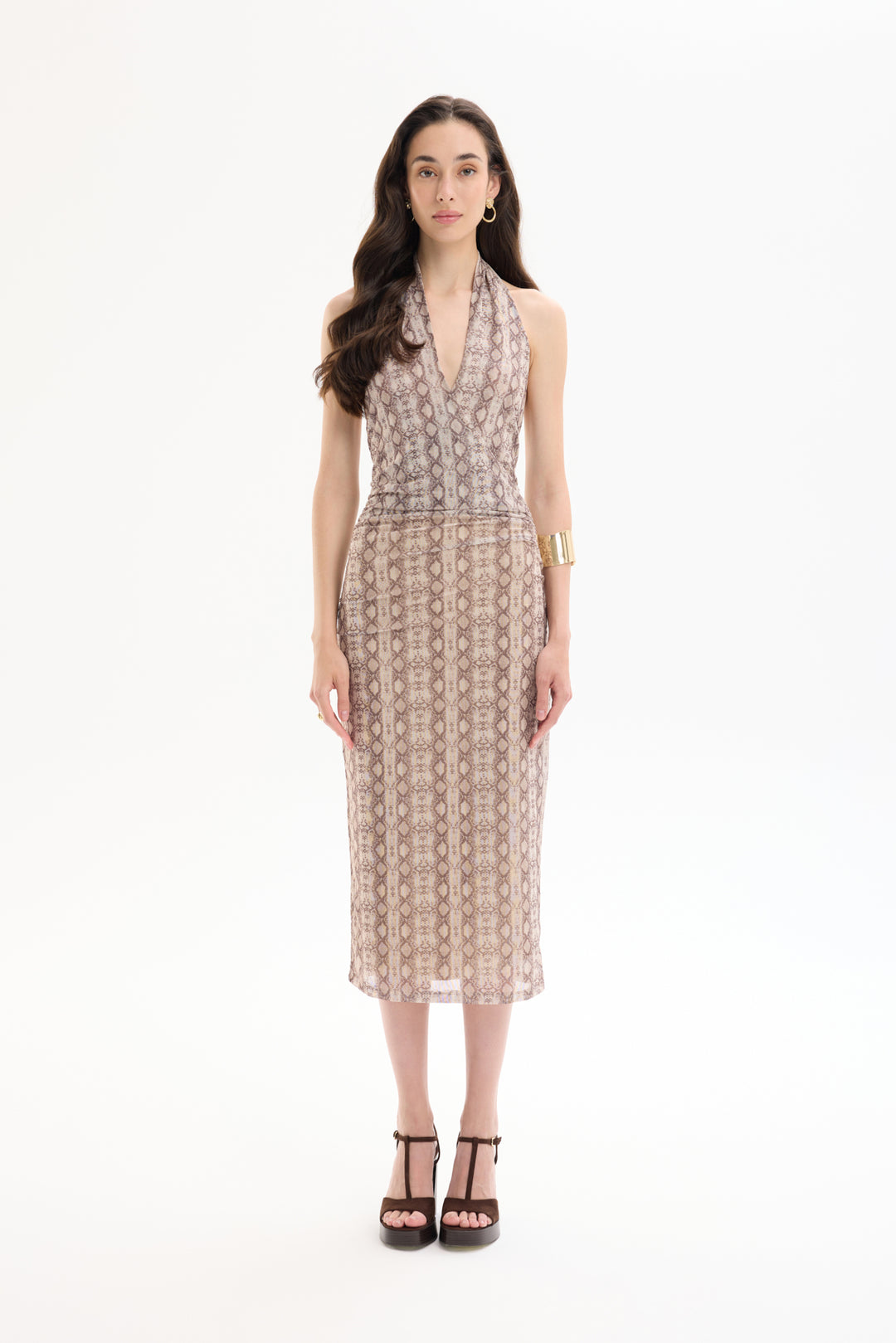 Halter Yaka Büzgülü Tül Elbise Bej