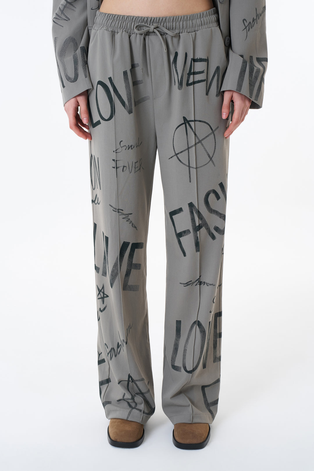 Yazı Baskılı Yüksek Bel Pantolon Açık Haki