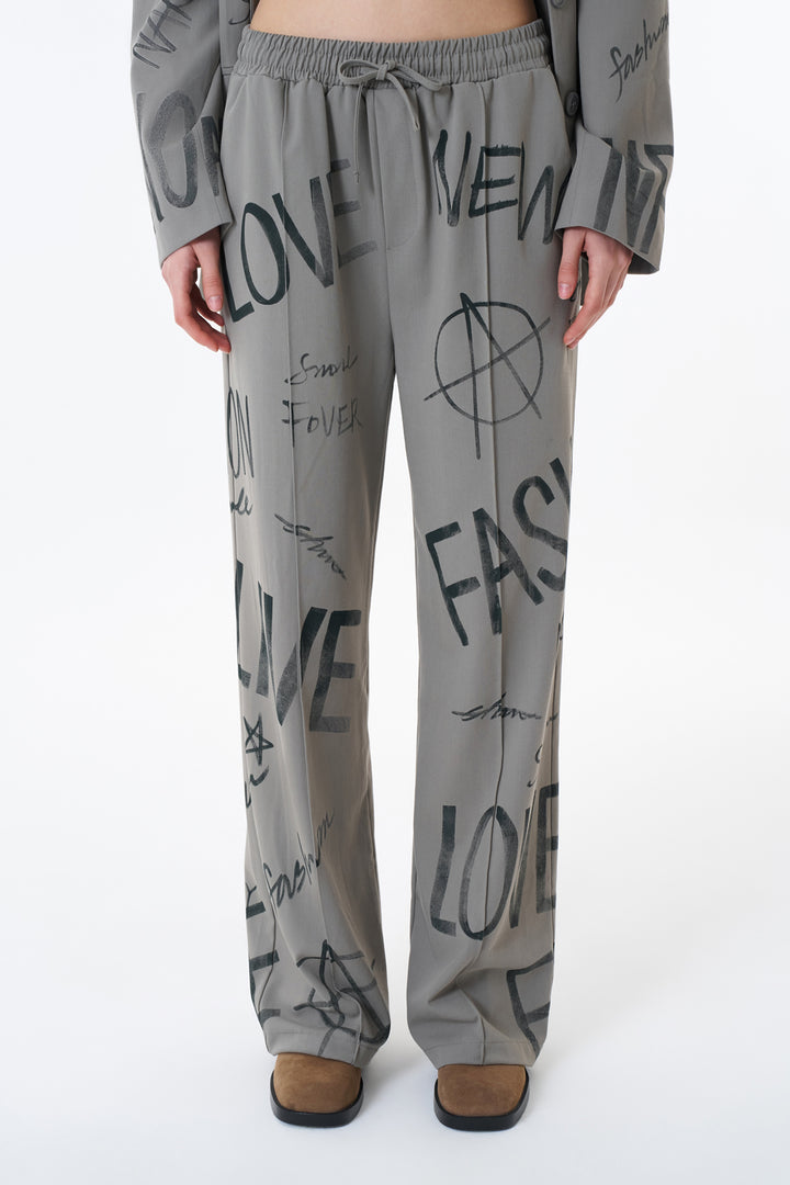 Yazı Baskılı Yüksek Bel Pantolon Açık Haki