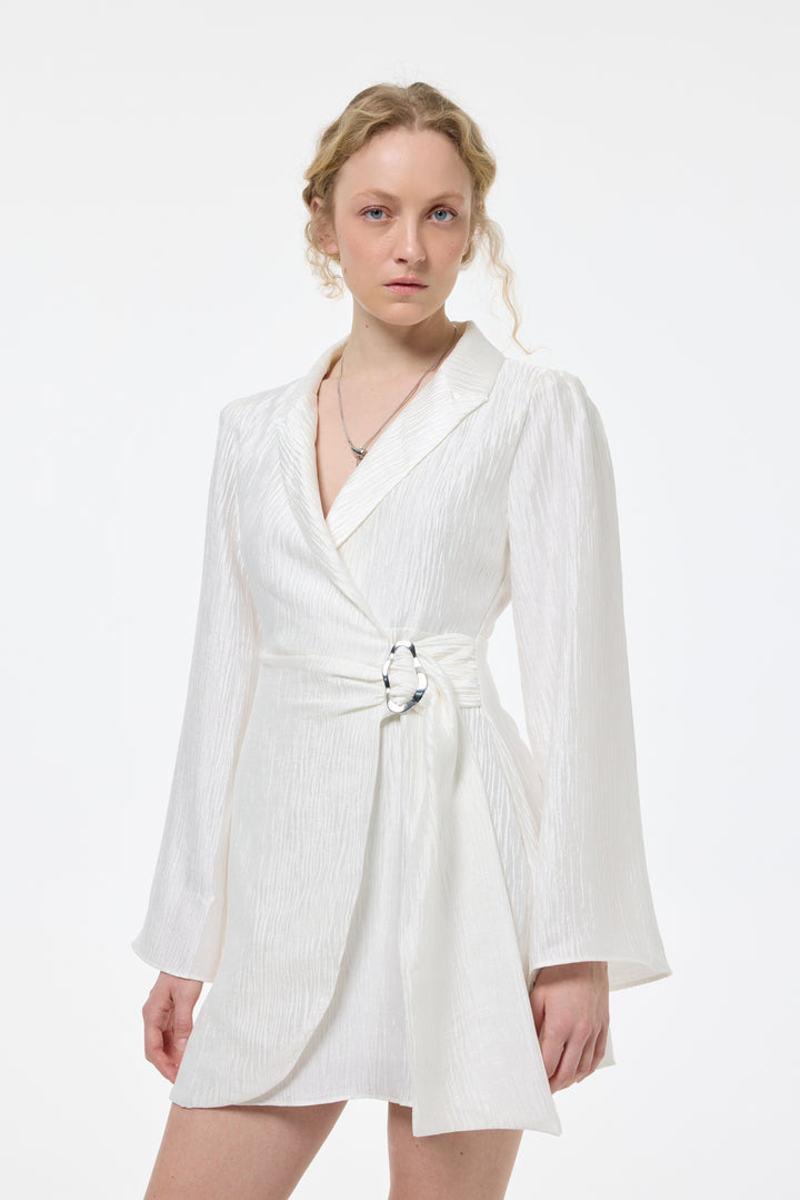 Kruvaze Bağlamalı Dokulu Mini Elbise Ekru