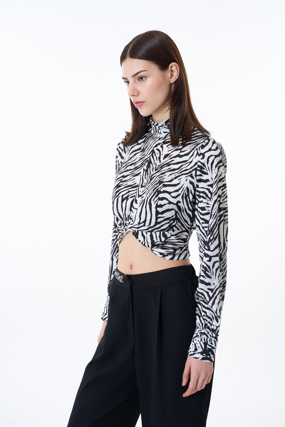 Dik Yakalı Zebra Desen Bluz Siyah