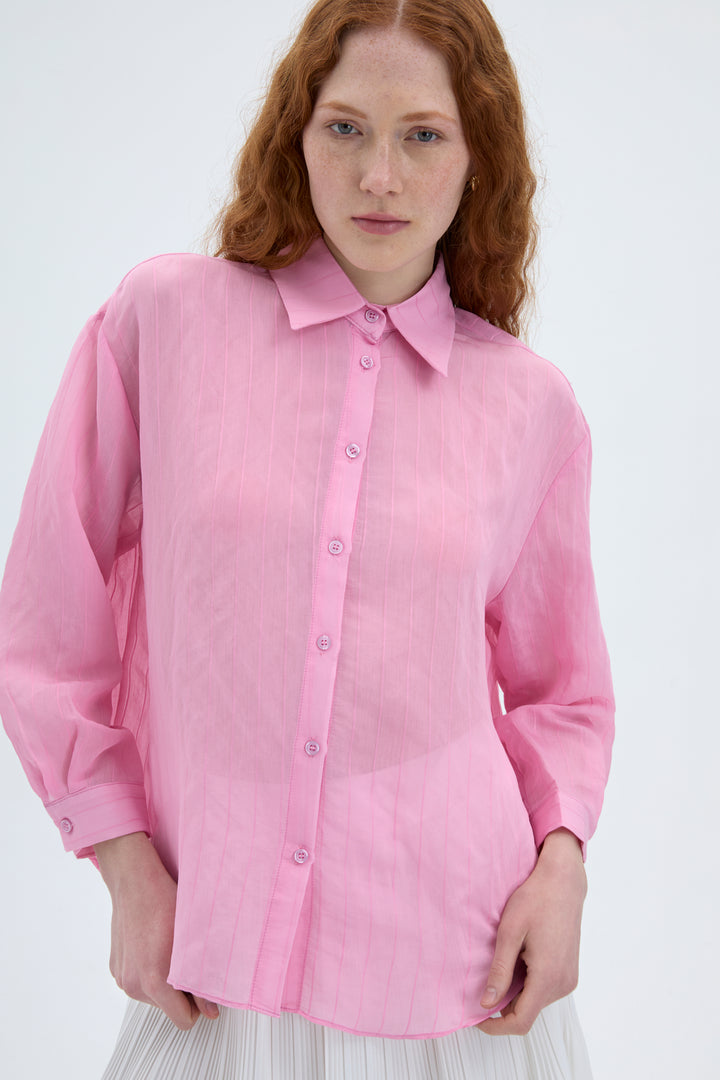 İnce Çizgili Düğmeli Oversize Gömlek Pembe