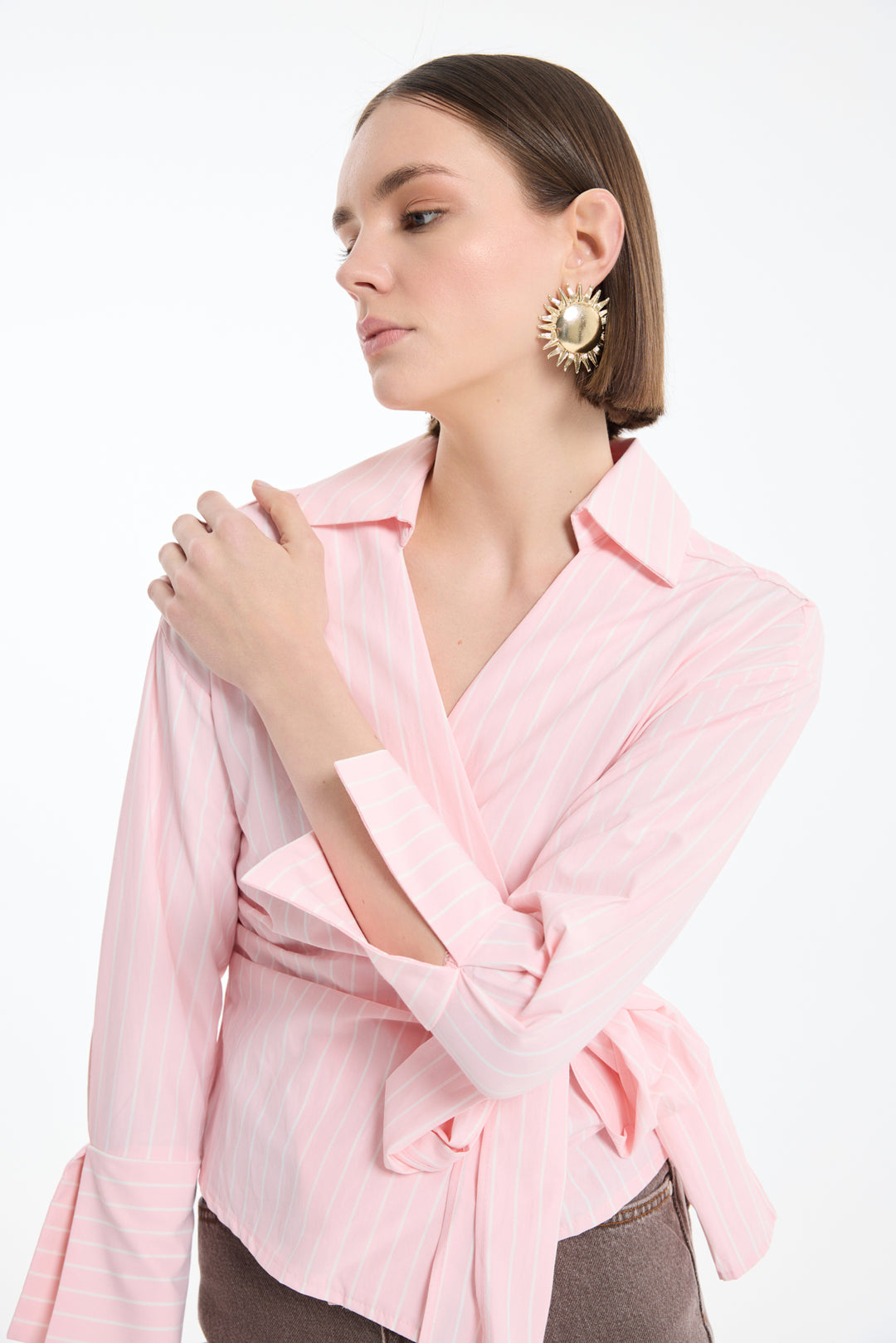 Kruvaze Bağlamalı Çizgili Bluz Pembe