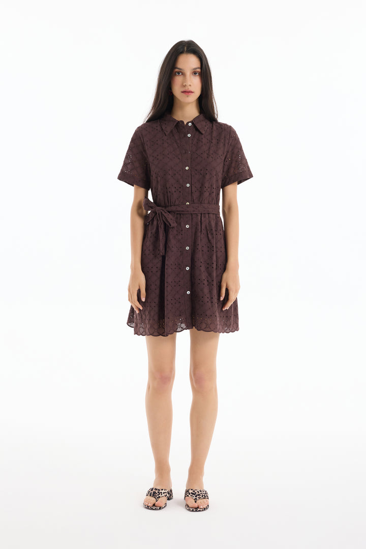 Fisto Detaylı Bağlamalı Mini Elbise Kahverengi