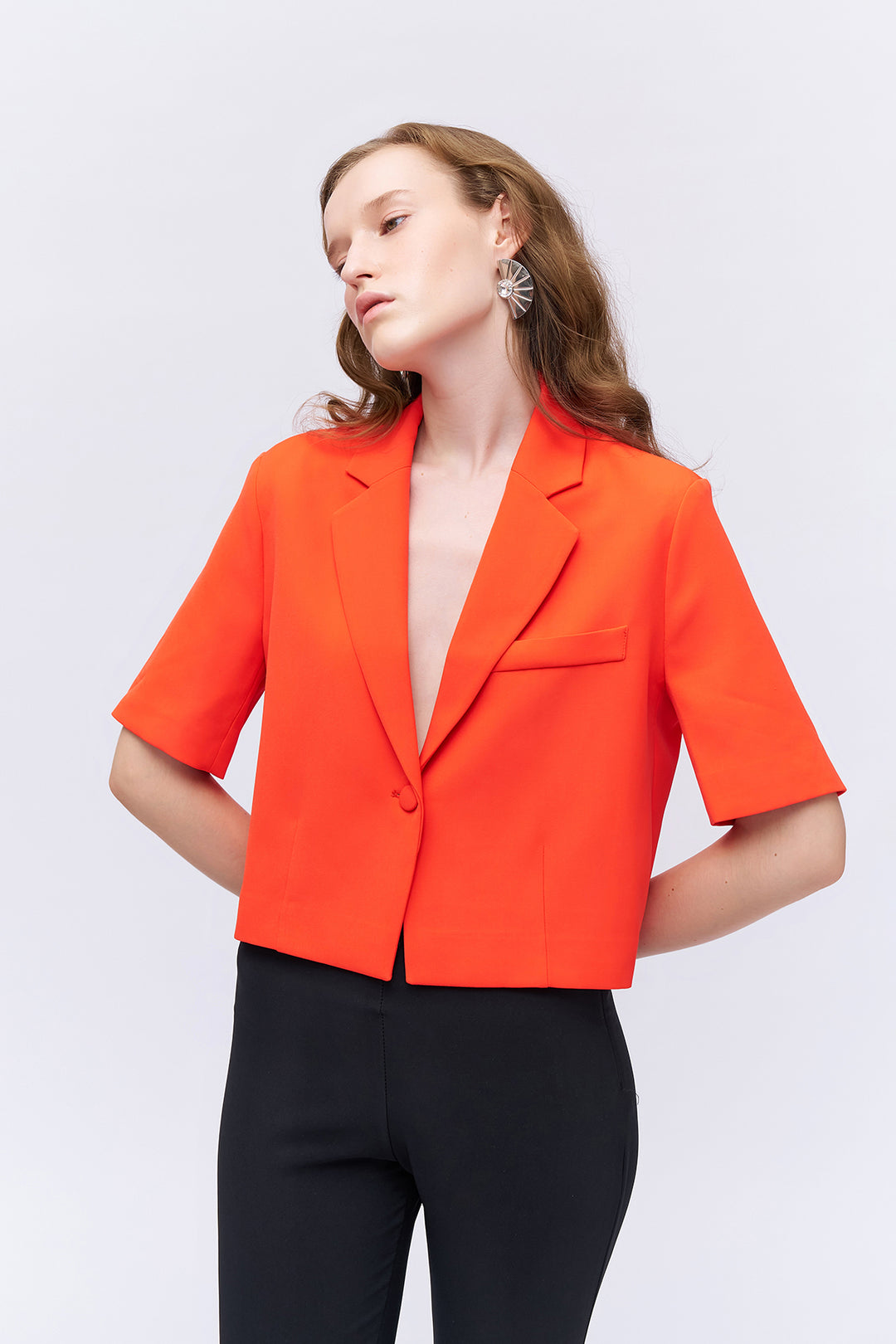 Short Sleeve Crop Blazer Jacket Orange