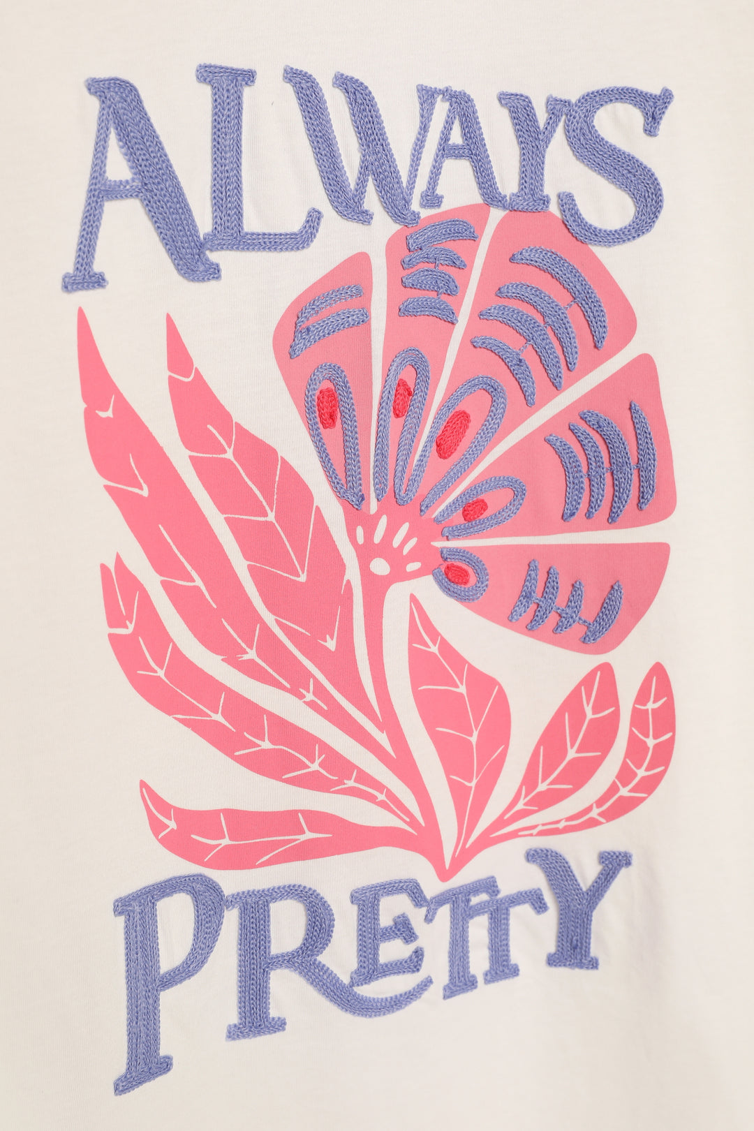 Yazı Nakışlı Çiçek Baskılı Tişört Ekru