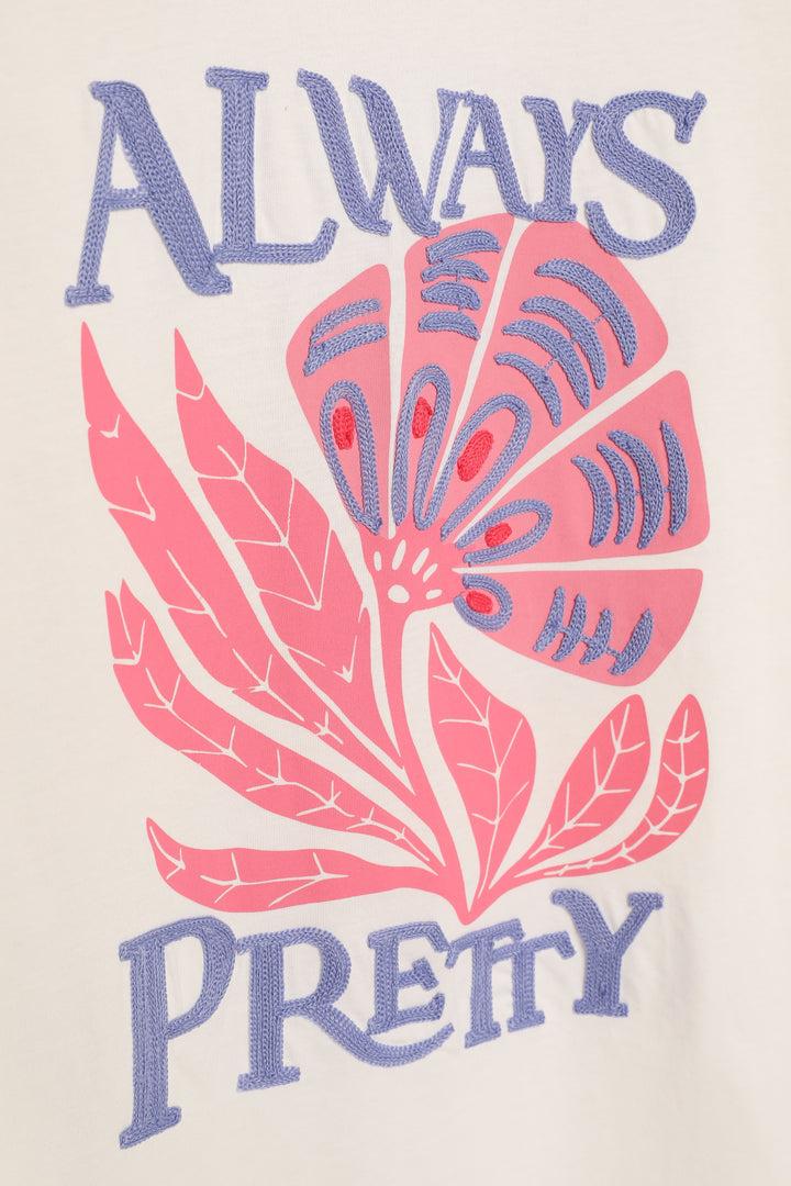 Yazı Nakışlı Çiçek Baskılı Tişört Ekru