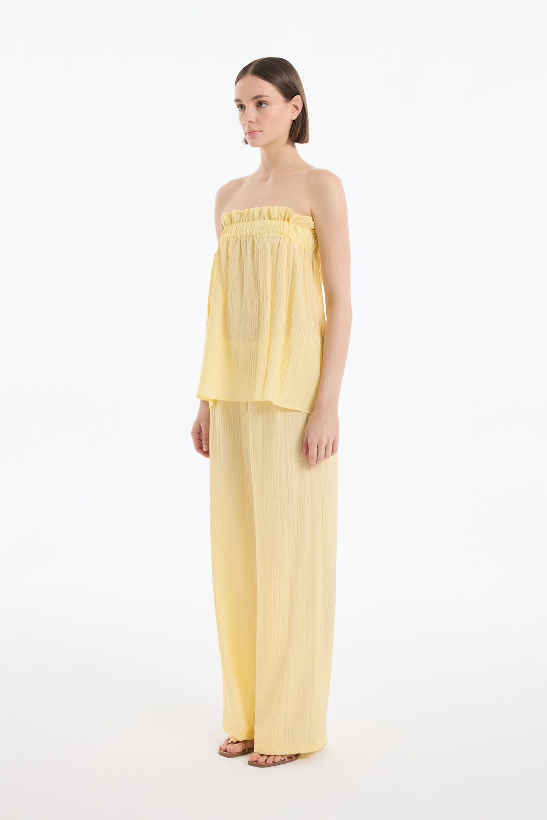 Gofre Kumaş Fırfırlı Straplez Bluz Sarı