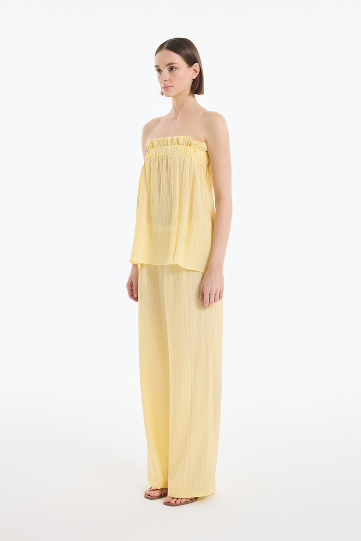 Gofre Kumaş Fırfırlı Straplez Bluz Sarı