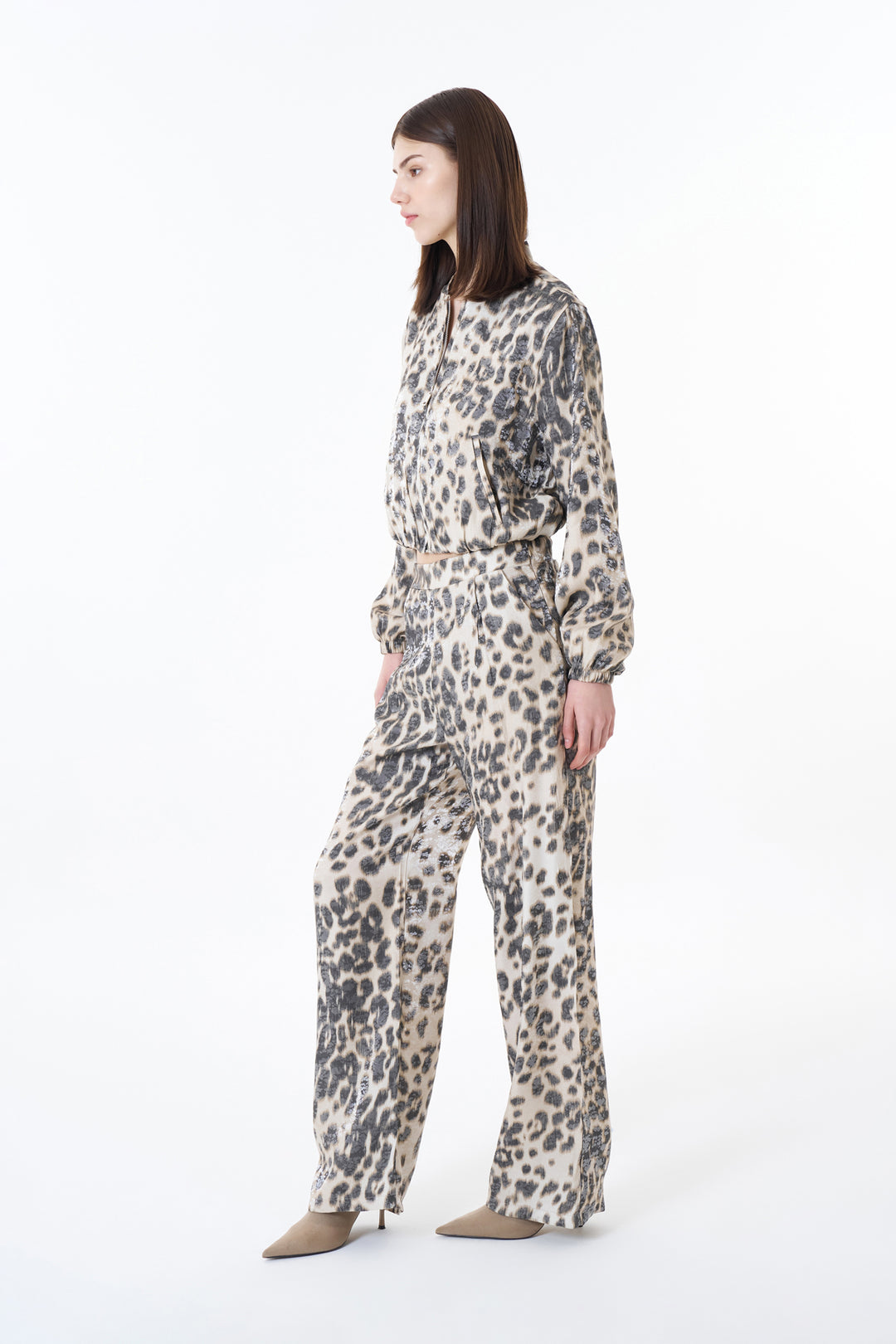 Leopar Desenli Geniş Paça Pantolon Taş