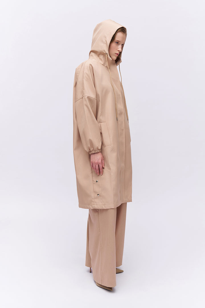 Oversize Hooded Trench Coat Beige