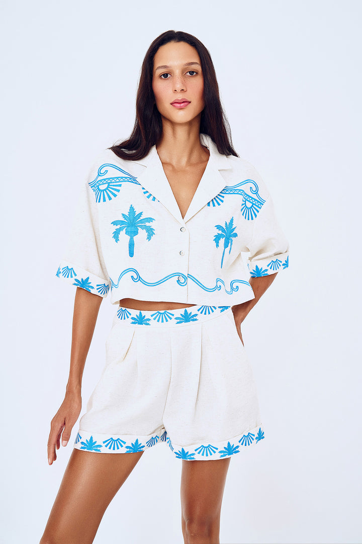 Nakış Baskılı Crop Gömlek Naturel