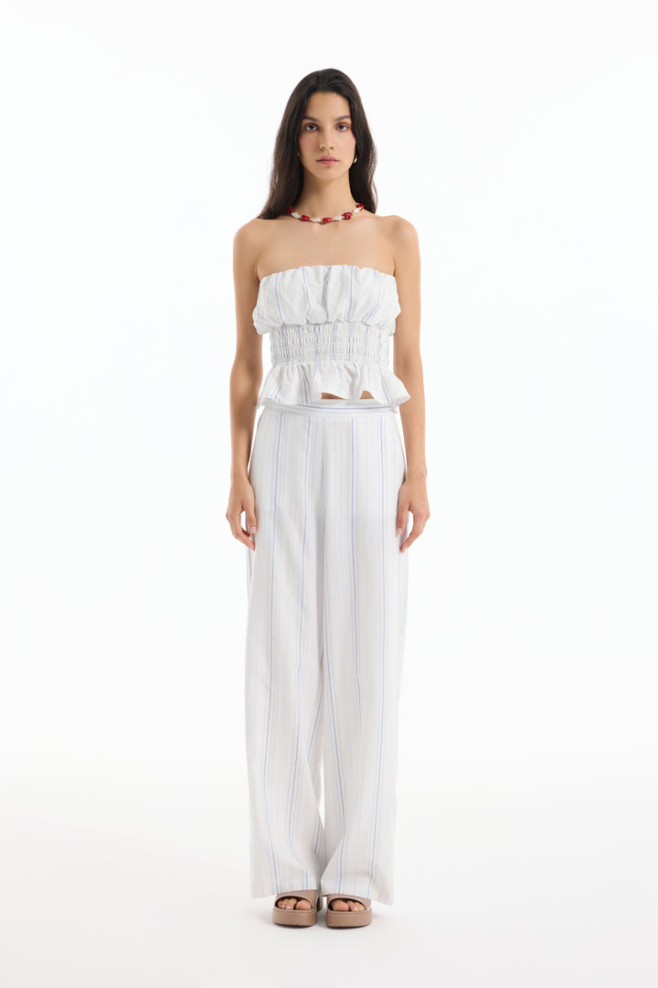 İnce Çizgili Yüksek Bel Pantolon Ekru