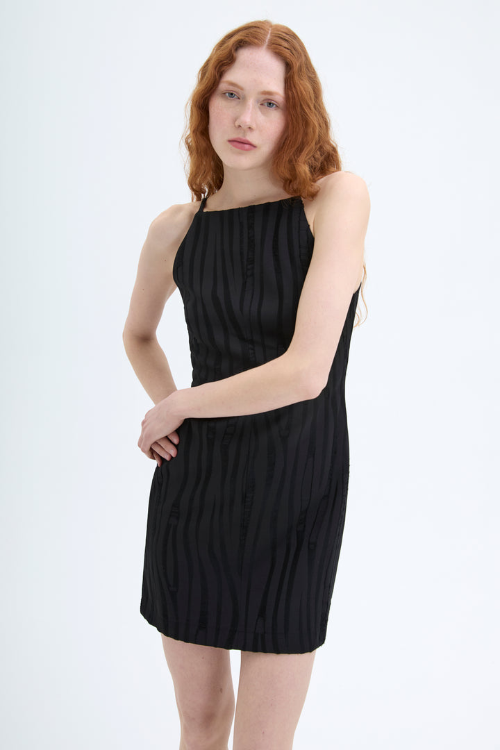 Halter Yaka Dokulu Mini Elbise Siyah