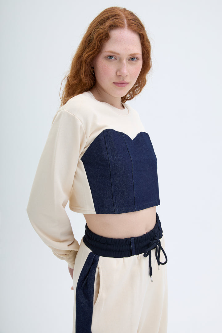 Match Detaylı Crop Sweatshirt Bej