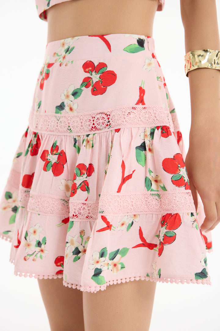 Kiraz Desenli Volanlı Mini Etek Pembe