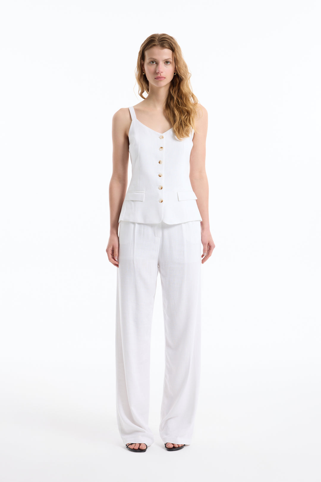 Yüksek Bel Keten Palazzo Pantolon Ekru