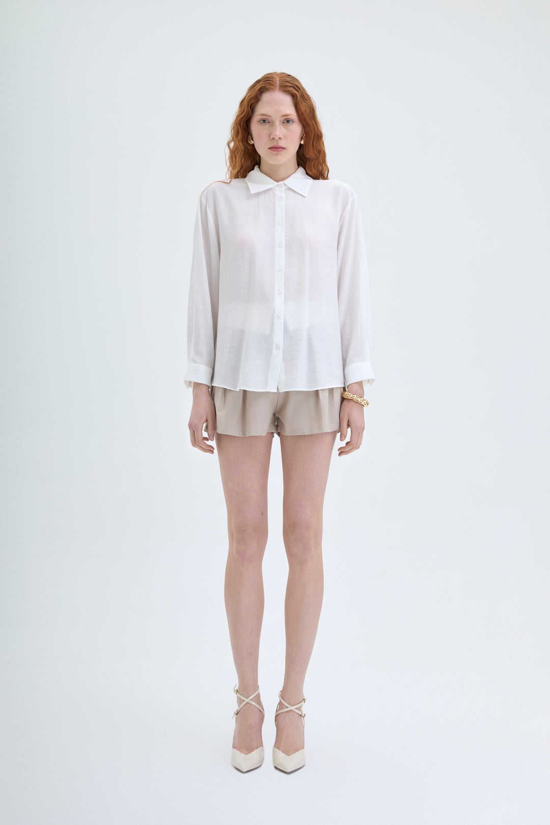 Sırtı Bağlamalı Dekolteli Gömlek Ekru