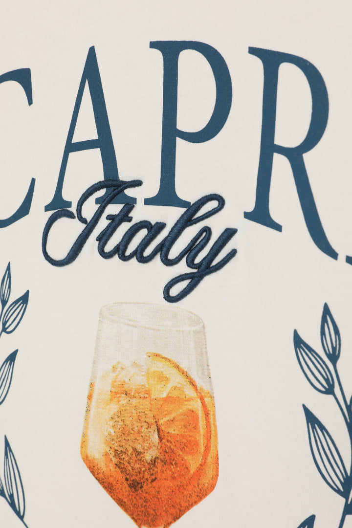 Yazı Baskılı Bardak Detaylı Tişört Ekru