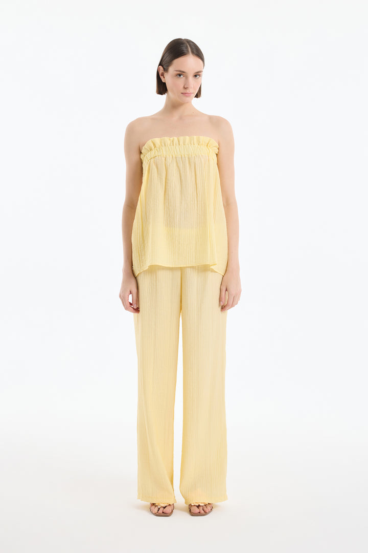 Gofre Kumaş Geniş Paça Pantolon Sarı