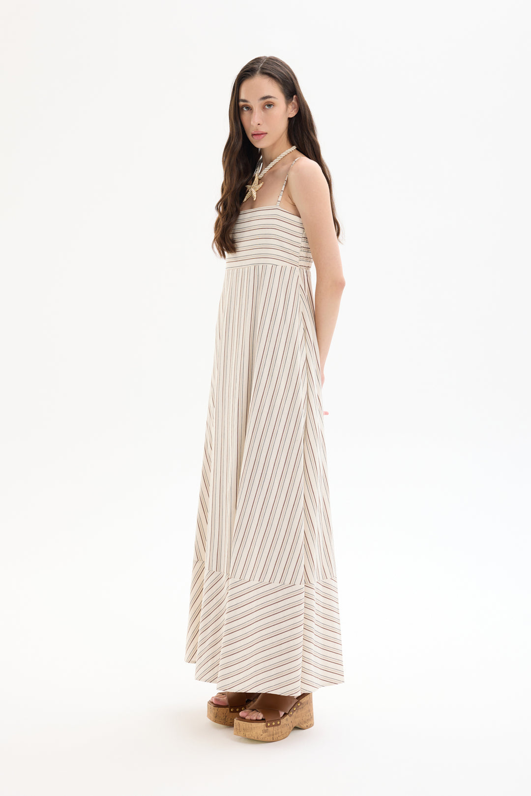 İnce Çizgili Etek Ucu Volanlı Askılı Uzun Elbise Naturel