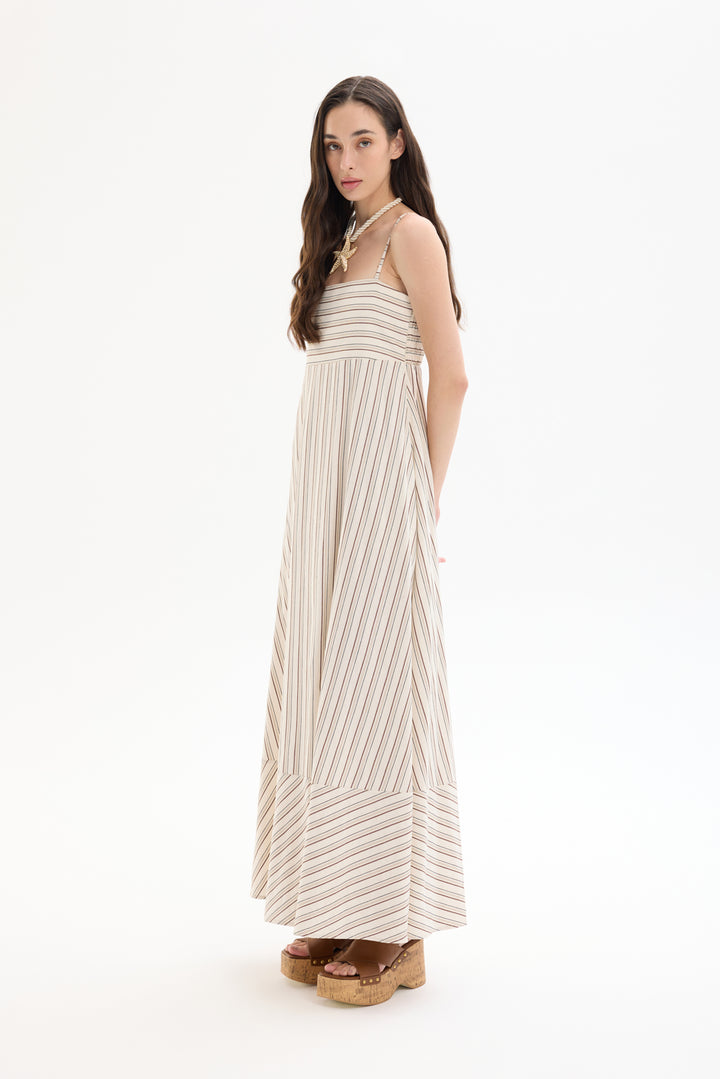 İnce Çizgili Etek Ucu Volanlı Askılı Uzun Elbise Naturel