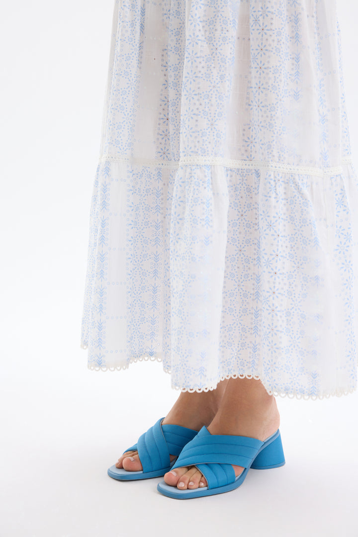 Desenli Volanlı Midi Boy Etek Ekru