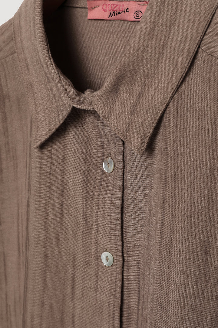 Dokulu Düğmeli Geniş Gömlek Kahverengi
