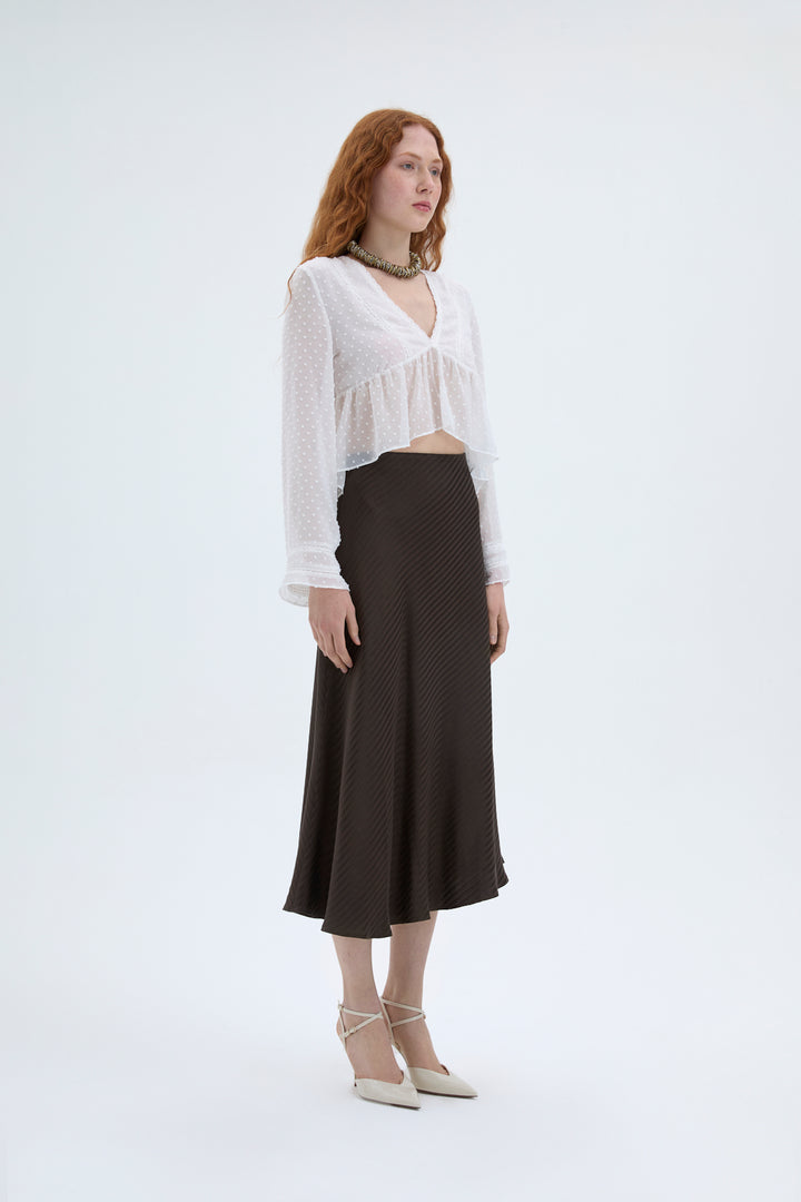 Şerit Dokulu Saten Midi Etek Kahverengi