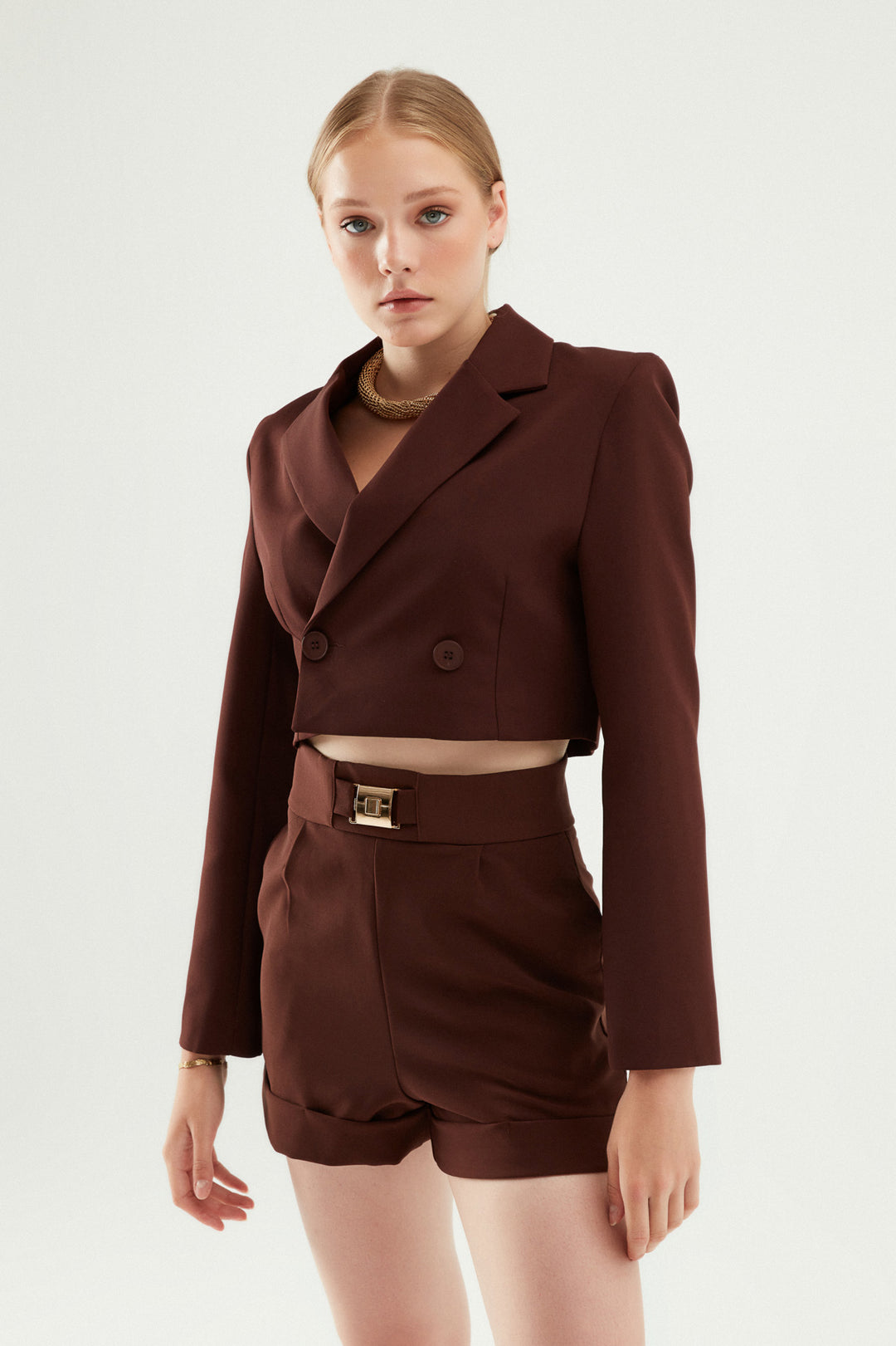 Double Breasted Crop Blazer Jacket Dark Brown