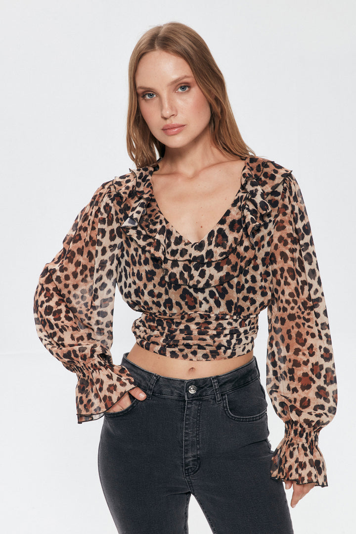 Leopar Desenli Crop Tül Bluz Kahverengi