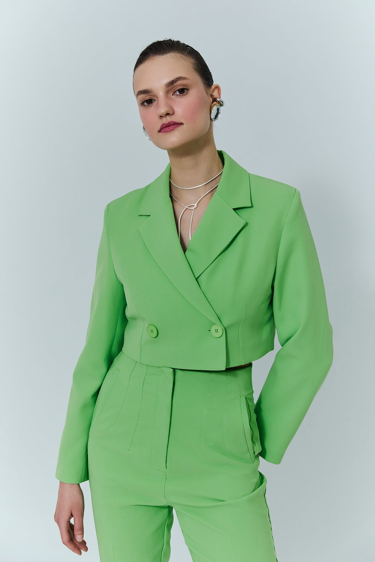 Kruvaze Crop Blazer Ceket Yeşil