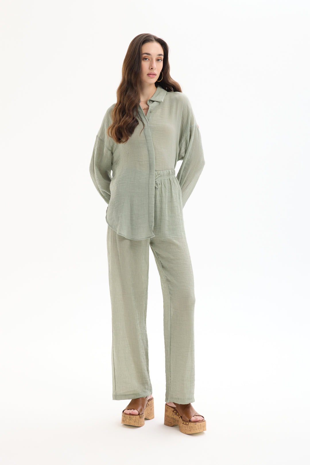 Lastikli Bel Dokulu Pantolon Haki