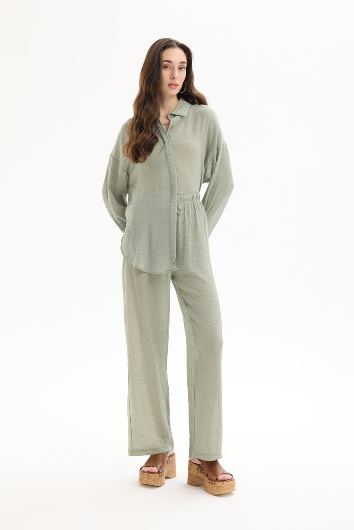 Lastikli Bel Dokulu Pantolon Haki