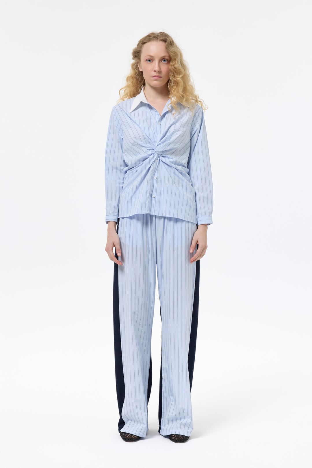 Kumaş Matchli Çizgili Beli Lastikli Pantolon Lacivert