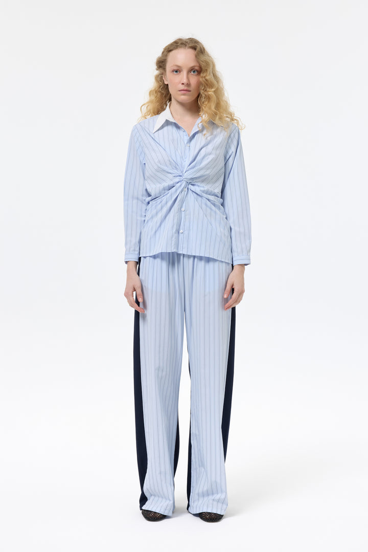 Kumaş Matchli Çizgili Beli Lastikli Pantolon Lacivert